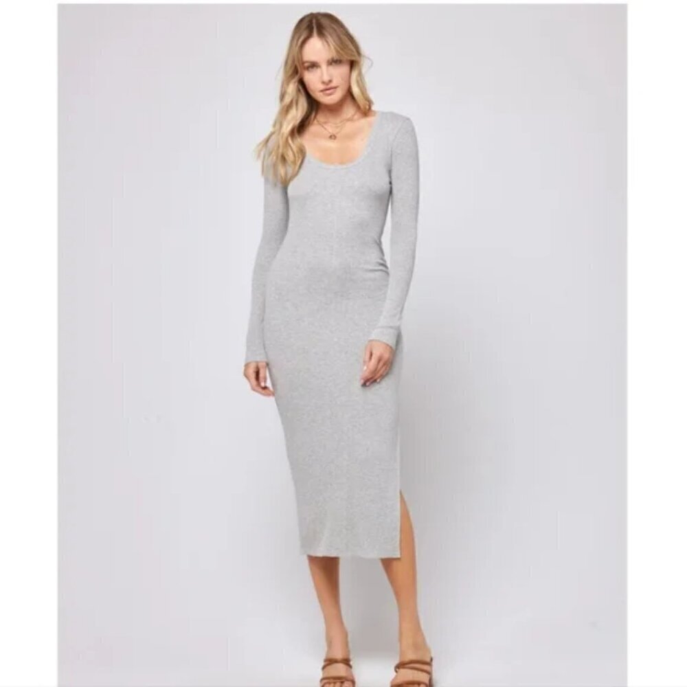 New L*Space Eloise Ribbed Scoop-Neck L/S Side-Slit Heather Grey Dress NWT Medium